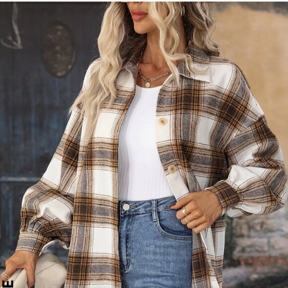 SHEIN Lune Plaid Drop Shoulder Coat Shacket Button Down Jacket - Size 4 - Picture 14 of 15